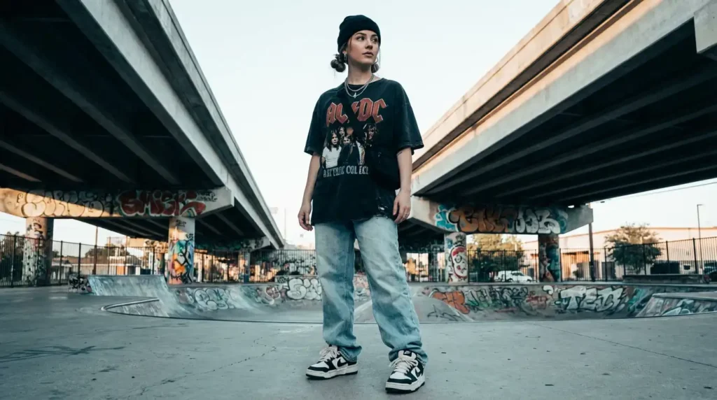 yourselflovehub.com outfit idea: Gen-Z streetwear with oversized band tee, baggy jeans, chunky sneakers, and beanie