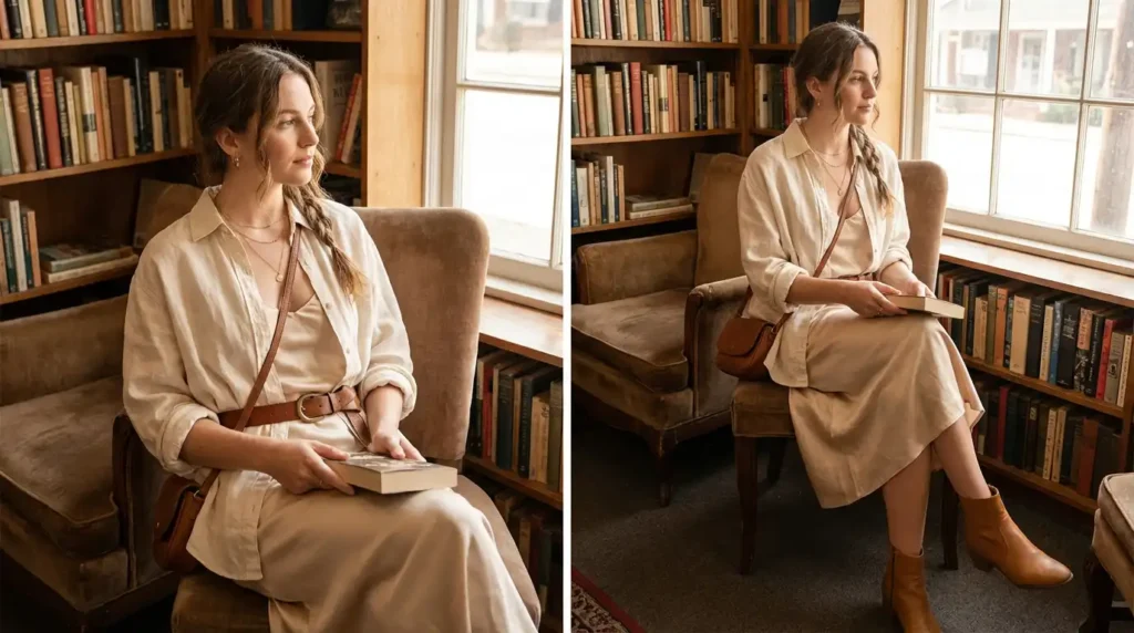 Oversized Shirt Outfit Ideas: Cozy café layering with slip dress under oversized linen shirt, ankle boots, and soft window light