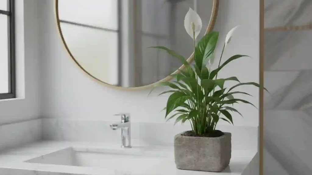 peace lily with white blooms on a vanity next to the sink styled as a calming bathroom accent on yourselflovehub.com