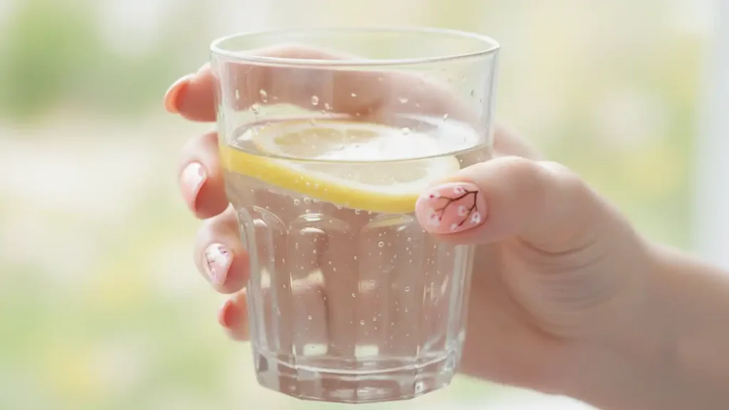 Peachy ombre manicure with one shimmery accent nail on a hand holding a small peach handbag.
