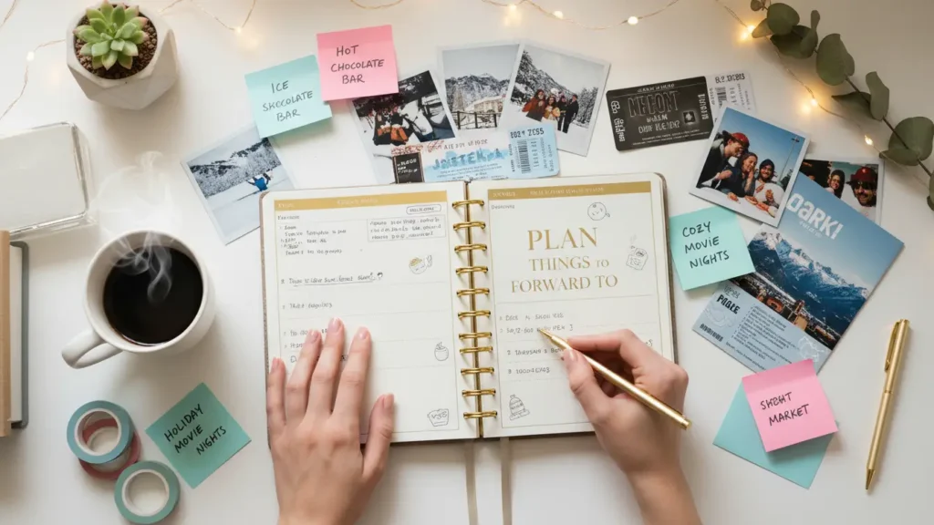 Planner desk setup showing ways to beat the winter blues by scheduling fun plans, goals, and small winter moments.