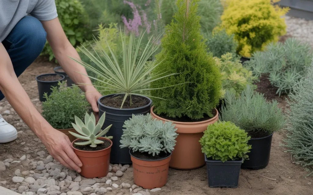 Gardener arranging potted evergreens, herbs, and succulents into a new bed for a layered look on yourselflovehub.com.