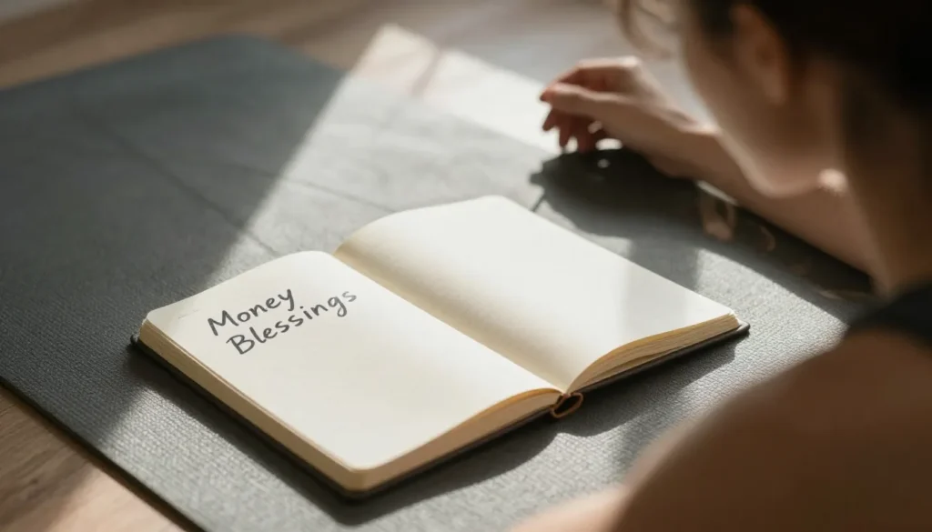 A person lies on a mat beside an open journal with the words “Money Blessings” written on the page, suggesting gratitude journaling for abundance for readers of YourselfLoveHub.com.