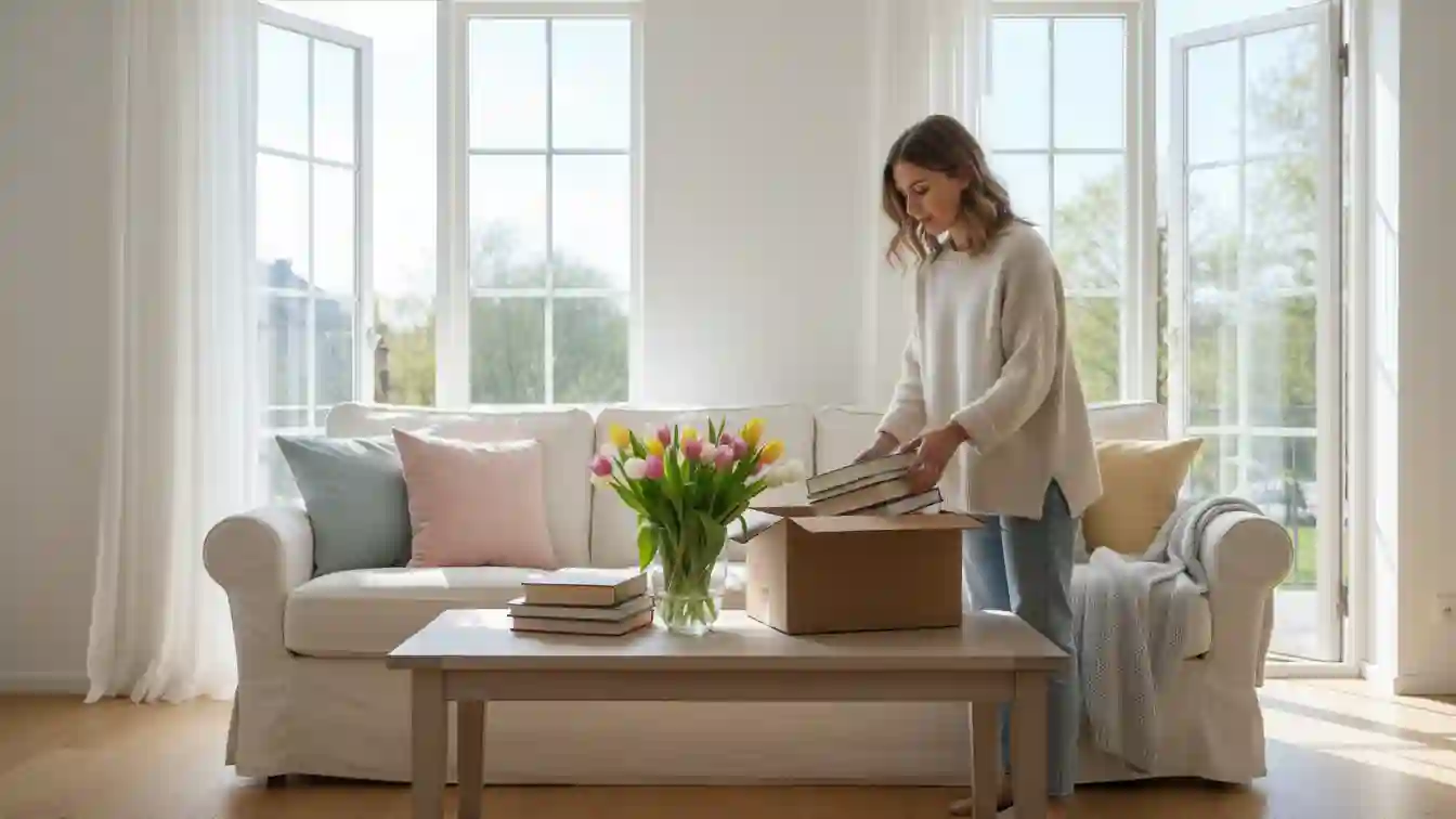 spring decluttering in bright cozy living room