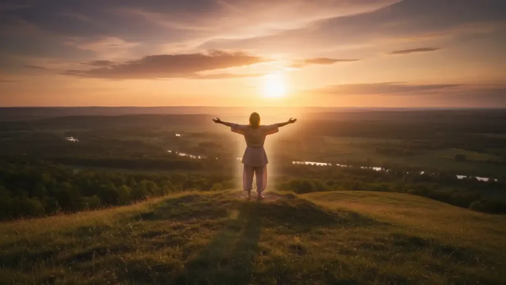 Person standing on a hill at golden hour with open arms and strong posture symbolizing healthy boundaries to remove negative energy from your life for good