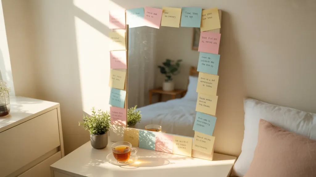 Morning self-care scene with mirror and soft light, representing healing and rebuilding confidence after learning how to remove a toxic person from your life.