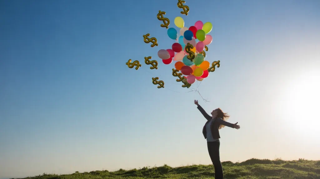 A joyful woman outdoors releases colorful balloons mixed with gold dollar-sign balloons into the sky, representing financial freedom and abundance for the YourselfLoveHub.com community.