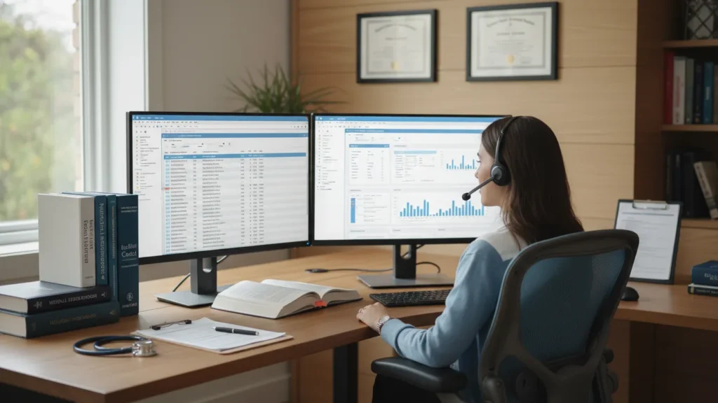 remote healthcare support home office with dual monitors medical software textbooks and headset