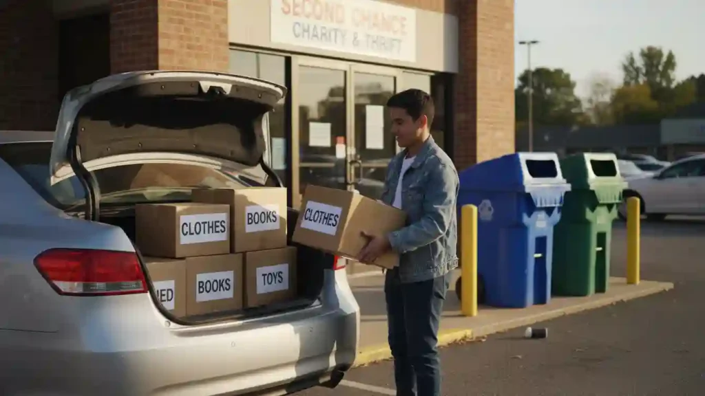 car trunk full of organized donation boxes ready to drop at charity by Yourself Love Hub