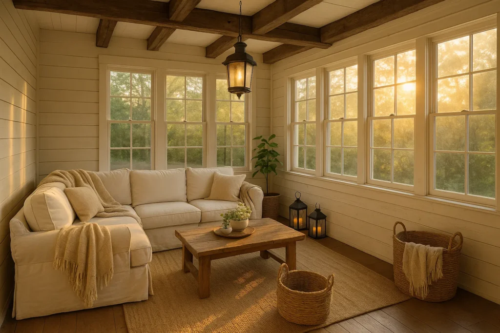 Rustic farmhouse sunroom with shiplap walls, exposed beams and a slipcovered sofa styled by Yourself Love Hub for a cozy countryside feel.
