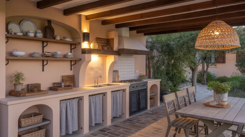 Rustic French country outdoor kitchen with wood beams and gingham details