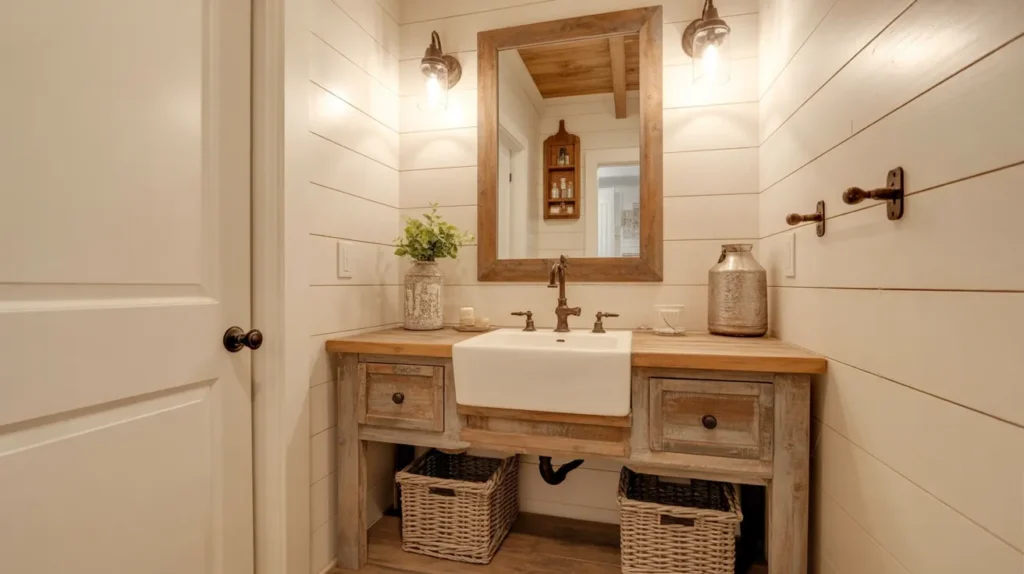 Reclaimed wood farmhouse vanity with apron front sink, oil rubbed bronze fixtures, open shelf with woven baskets and white shiplap walls
