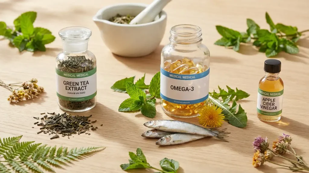 Natural supplements, herbs, and capsules styled for a trustworthy wellness feature on safe weight loss aids at YourselfLoveHub.com.