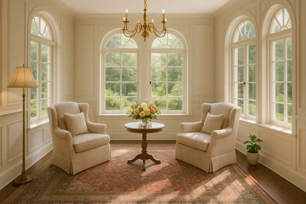 Scandinavian sunroom in white and light wood with simple sofa, sheepskin throw and minimalist plants, calm Nordic styling from Yourself Love Hub.