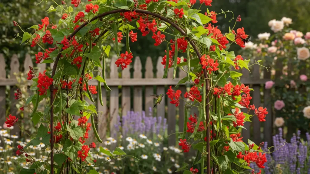 Yourself Love Hub scarlet runner beans blooming on tall trellis