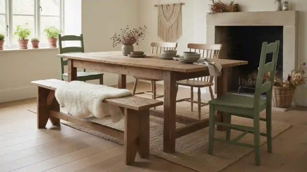 yourselflovehub.com cozy farmhouse dining room with mismatched windsor and ladder back chairs and rustic bench