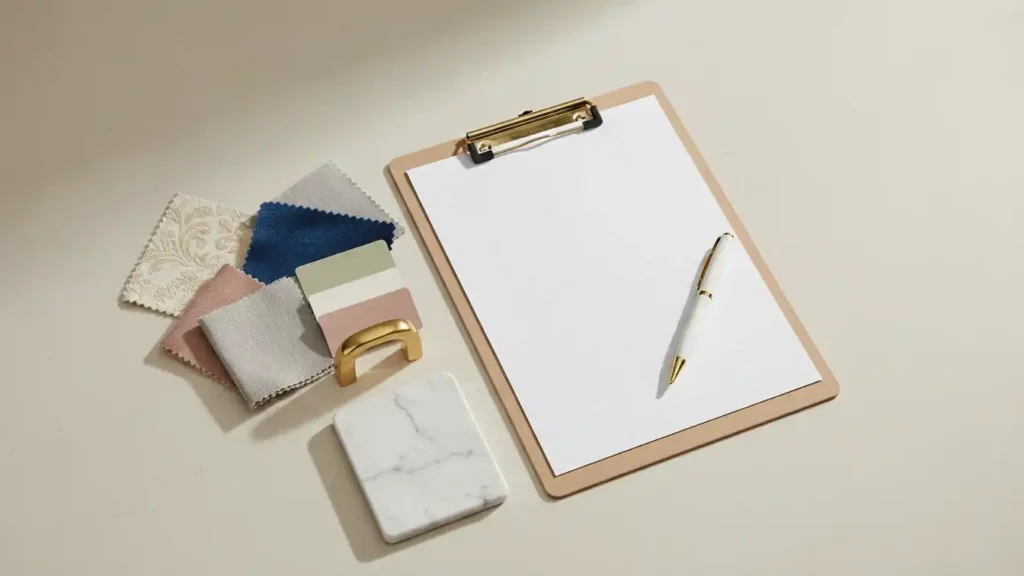 Flat lay of a design shopping checklist next to fabric swatches, paint chips, marble sample and brass handle on a neutral surface.