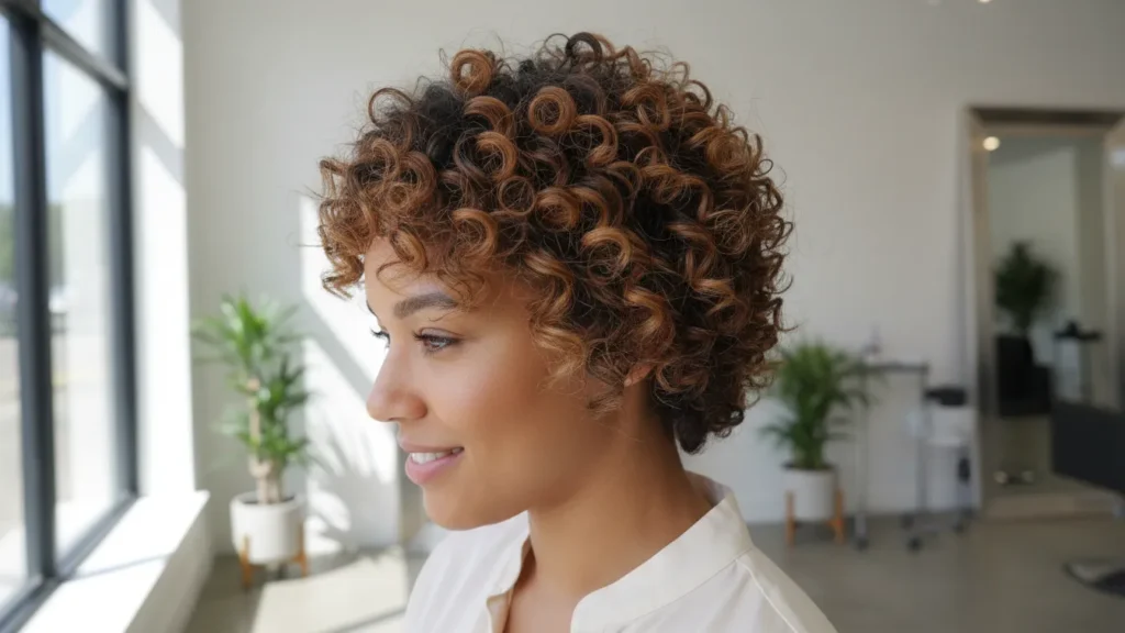 Honey Brown Balayage Ideas for Short Hair on defined curls with hand-painted honey placement