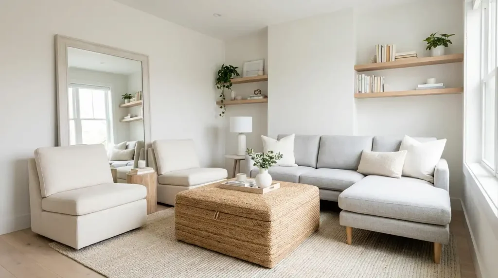 How to Decorate Your Living Room in a small space using mirrors and scaled furniture