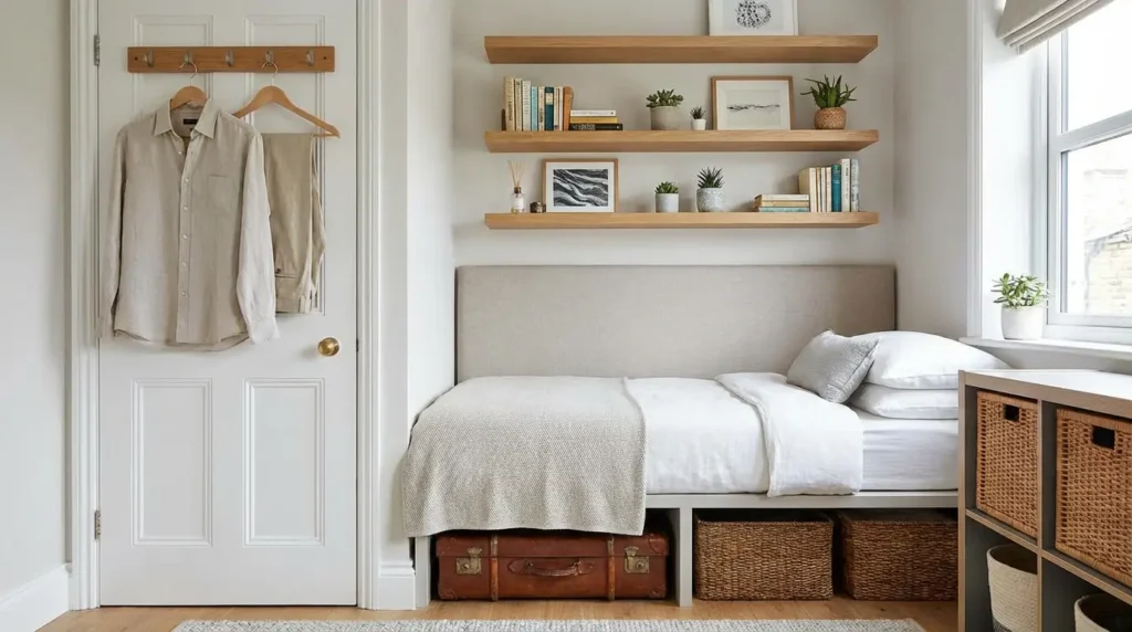 Organized small bedroom storage inspiration curated by yourselflovehub.com
