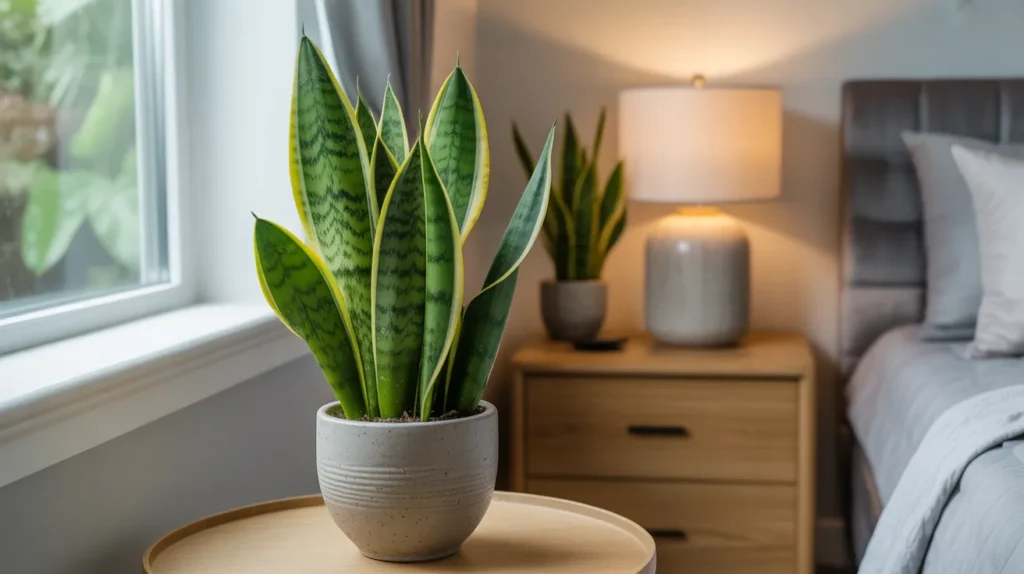 Snake plant on nightstand purifying bedroom air and releasing oxygen at night
