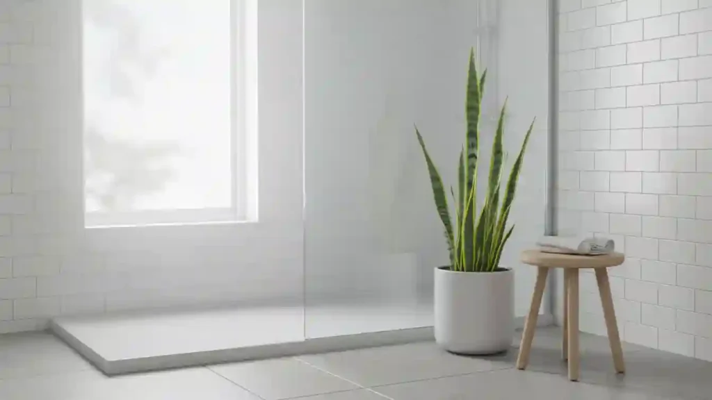 snake plant standing tall beside a walk in shower proving how well shower plants can thrive in low light bathrooms