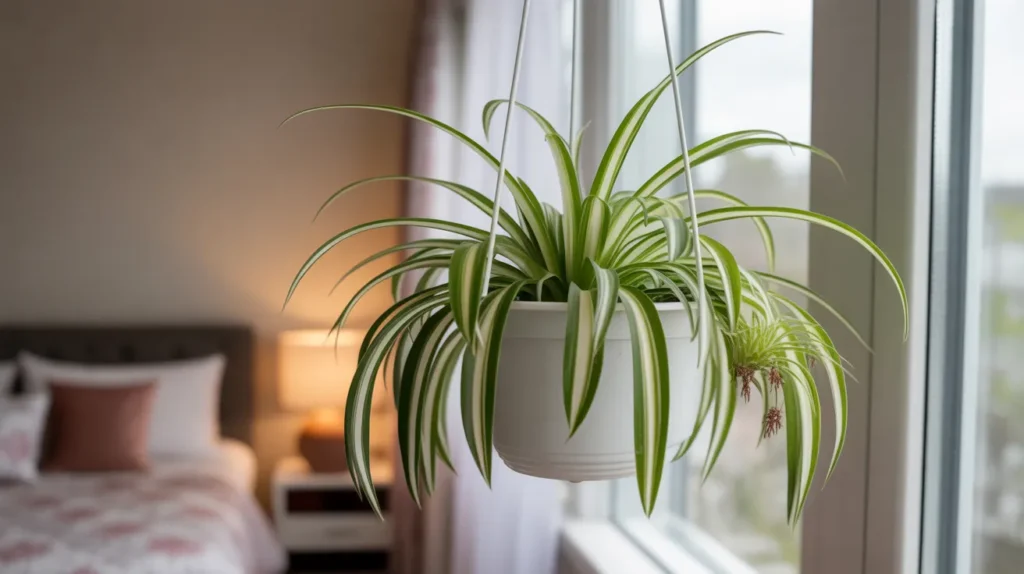 Spider plant hanging in bedroom removing formaldehyde and purifying air"