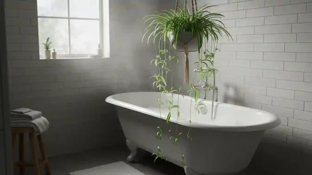 spider plant overflowing from a hanging basket above a bathtub with steam rising around these playful shower plants