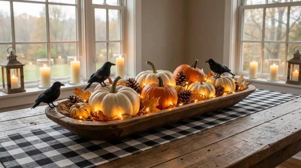 Rustic Meets Halloween: Halloween Dining Room Decor Ideas with buffalo check runner, pumpkins, dough bowl centerpiece, and warm string lights.
