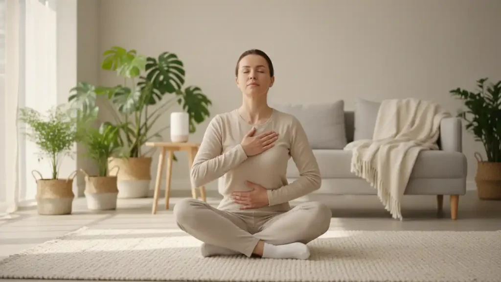Person sitting cross legged on the floor with one hand on chest and one on stomach using deep breathing to remove negative energy from your life for good