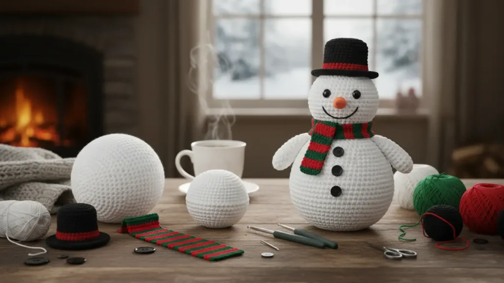 Crochet Amigurumi Snowman Beginner Tutorial step-by-step pattern with body, head, scarf, and hat pieces arranged neatly.