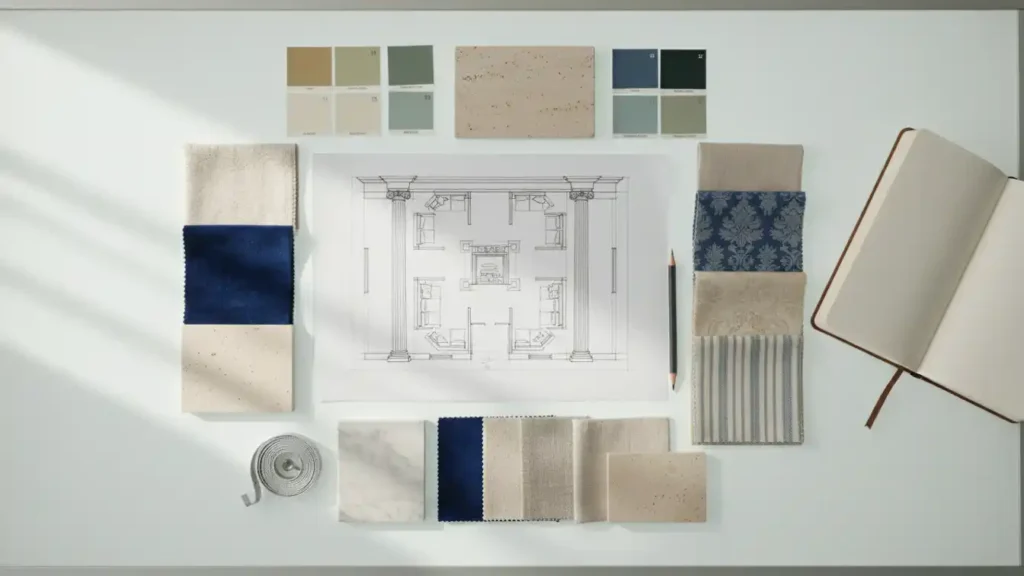 Interior designer desk with floor plan, tape measure, paint swatches, marble and fabric samples for planning a neoclassical living room