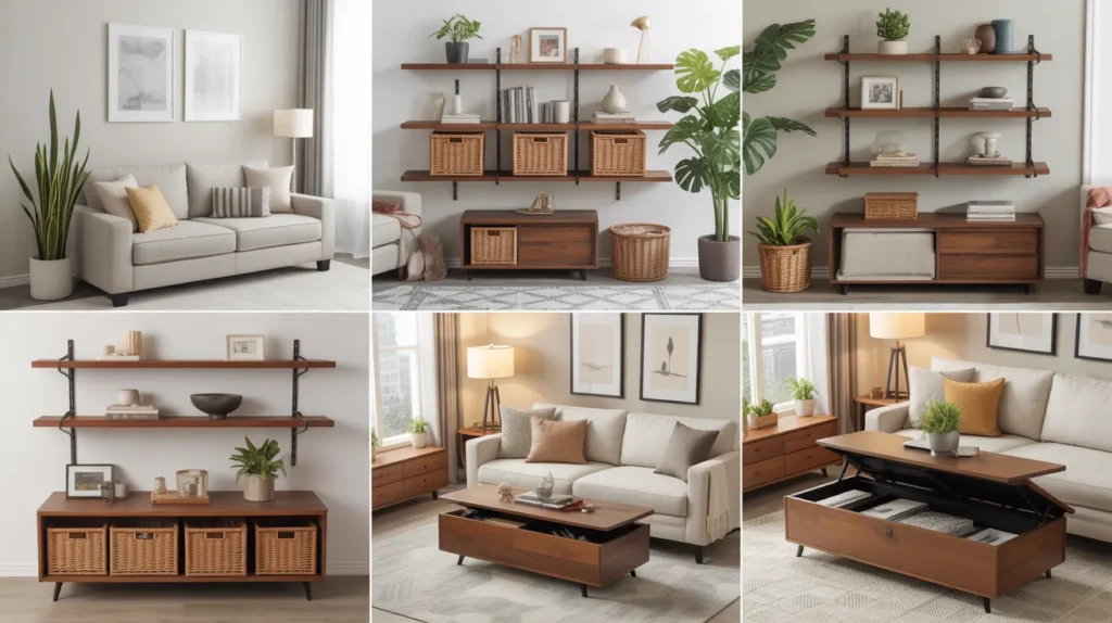 Genius decluttering ideas for the living room using smart shelves, baskets and hidden storage furniture.