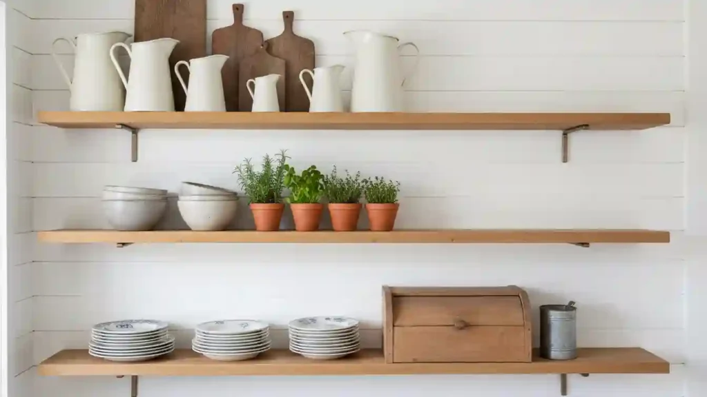 yourselflovehub.com white shiplap wall with floating farmhouse shelves styled with vintage dishes and herbs