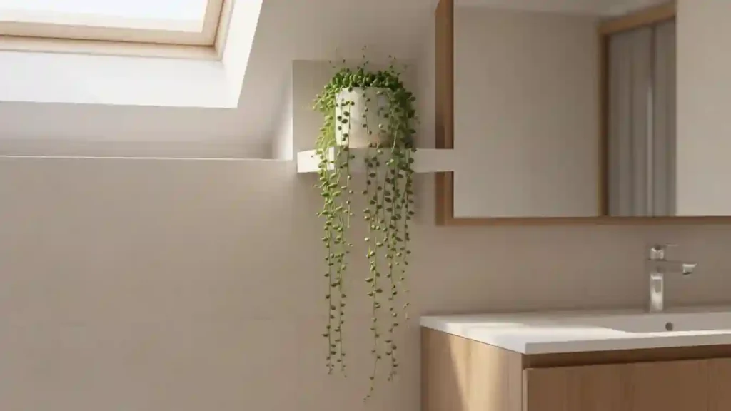string of pearls plant draping from a high shelf with bead like strands softening clean bathroom lines on yourselflovehub.com