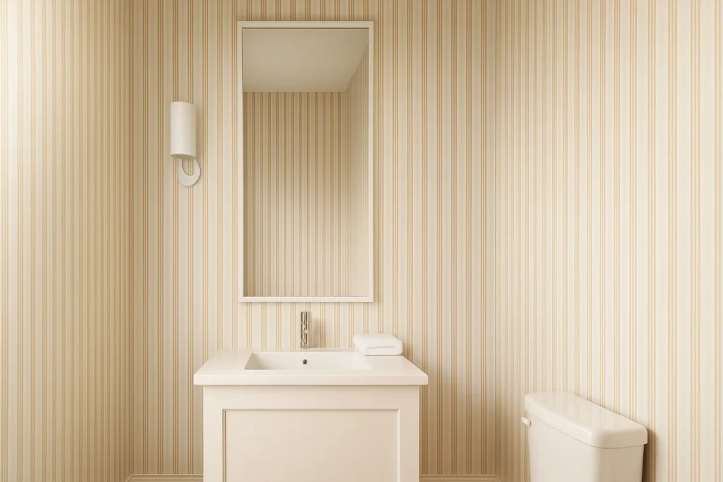 Light bathroom with vertical beige and white striped wallpaper, tall mirror and simple white vanity, height-enhancing bathroom wallpaper ideas for small spaces.