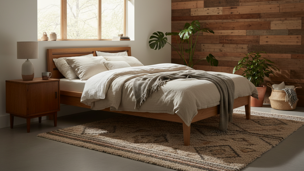Best Scandinavian Bedroom Design Ideas featuring sustainable materials like FSC oak bed frame, organic bedding, and reclaimed wood accents