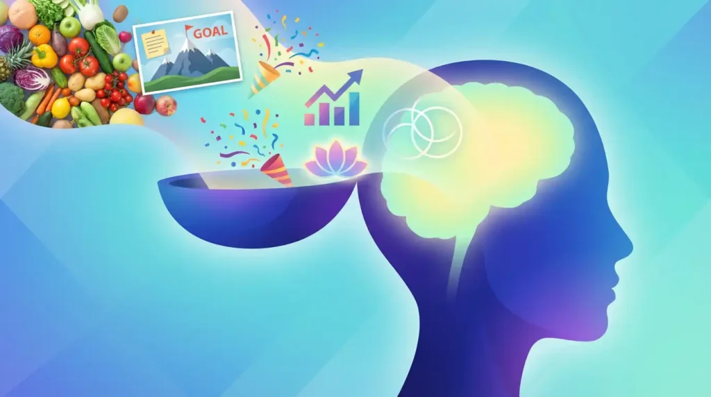 Mindset-focused artwork with positive thoughts, goals, and healthy choices emerging from a silhouette, created for a psychology of weight loss piece on YourselfLoveHub.com.