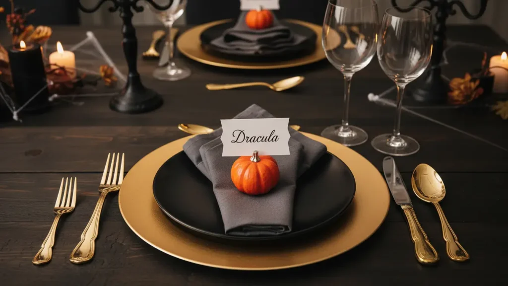 Completing Your Halloween Dining Room Decor: Halloween Dining Room Decor Ideas place setting with black plate, gold charger, coffin-fold napkin, and luxe glassware.