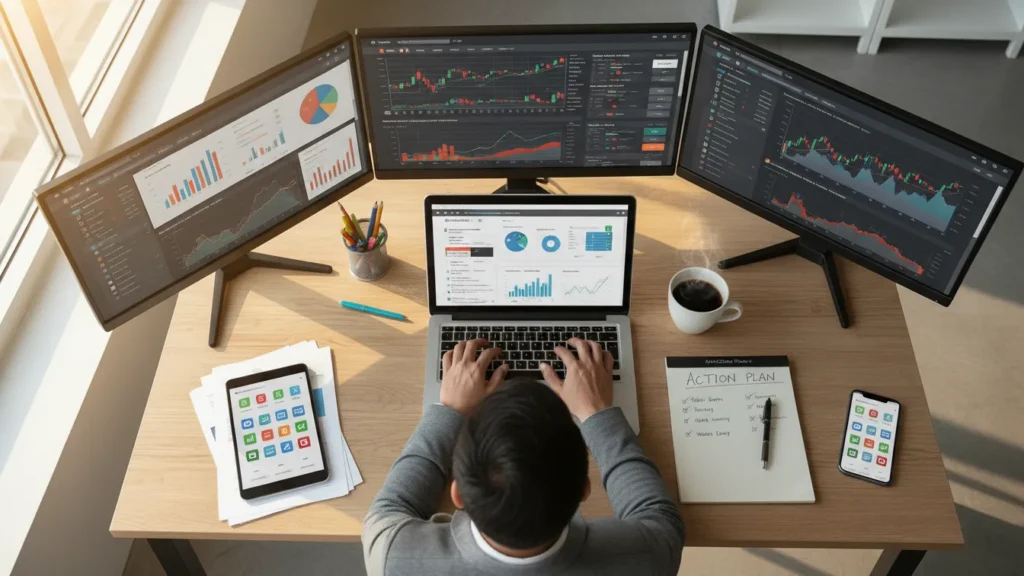 Overhead view of a person working at a desk with multiple monitors full of charts and graphs, coffee, and an action plan notebook, capturing focused action behind a Money Mindset to Attract More Money Fast: Transform Your Financial Future Today.