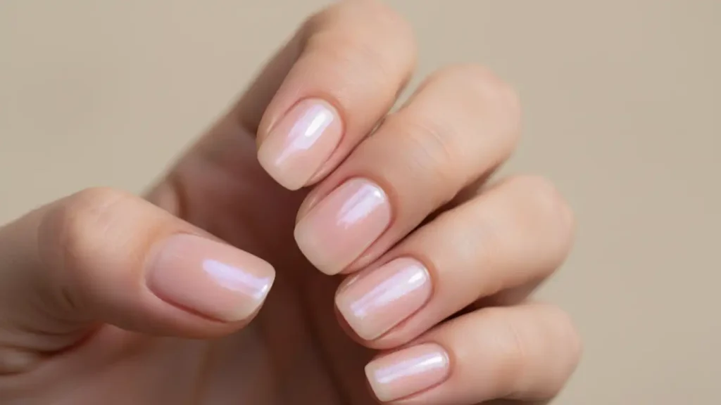 Short oval nails in sheer milky pink glazed donut finish with glass-like shine.