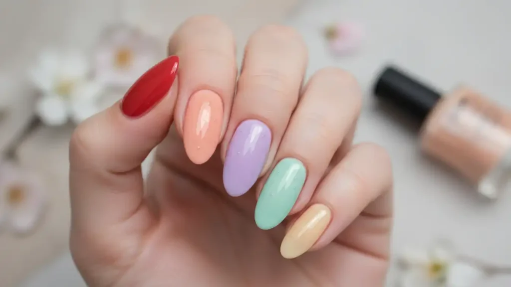 Almond nails painted in translucent jelly shades of red, peach, lavender and mint.