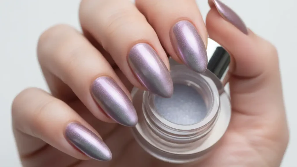 Almond nails with intense lavender-silver chrome effect in a reflective metallic finish.