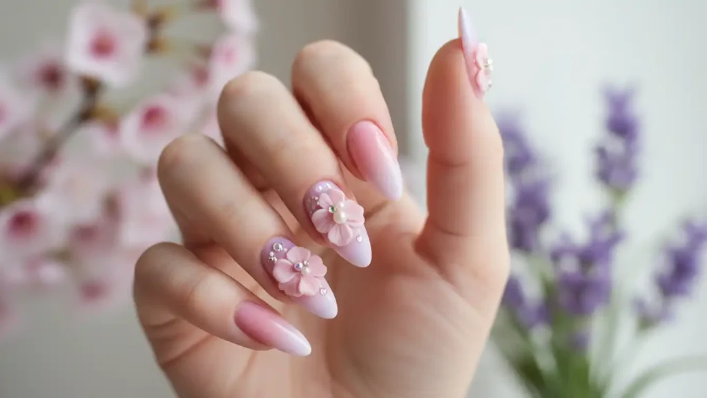 Pastel manicure with raised 3D flowers and tiny rhinestone centers on accent nails.