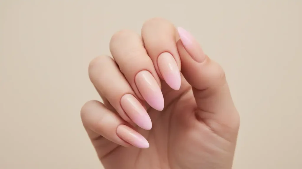 Long almond nails with smooth nude to pastel pink ombre gradient and glossy finish.