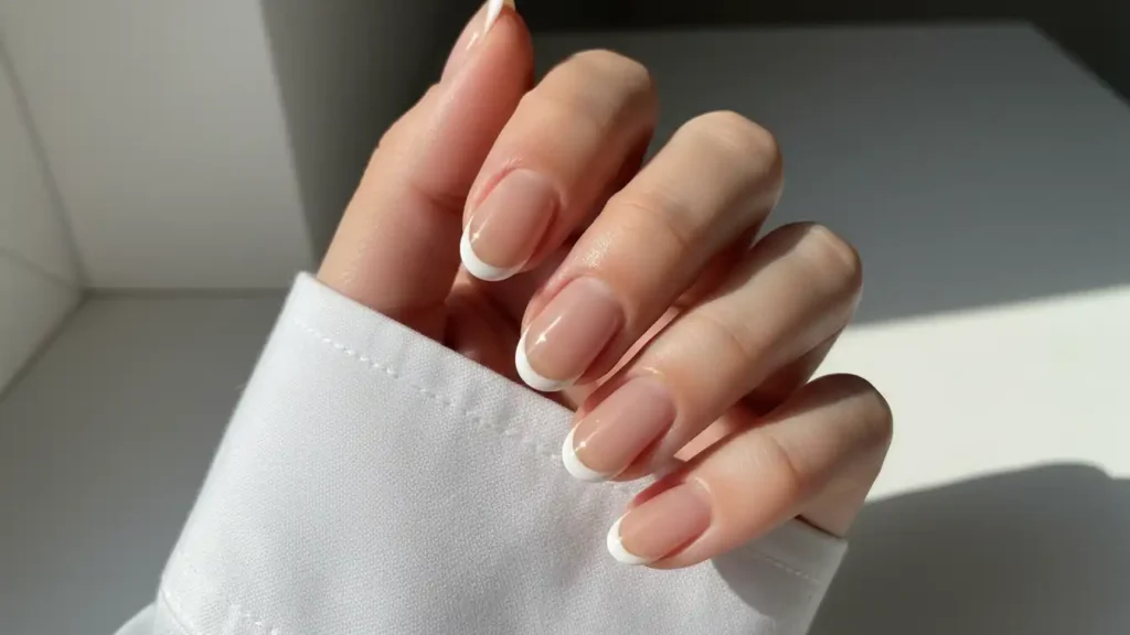 Short oval nails with sheer nude base and ultra-thin crisp white micro French tips.