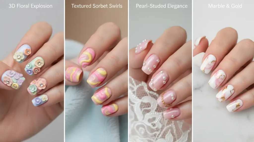 Collage of four textured manicures with 3D pastel flowers, sorbet gel swirls, pearl-studded pink nails and white marble nails with pink veining and gold leaf.