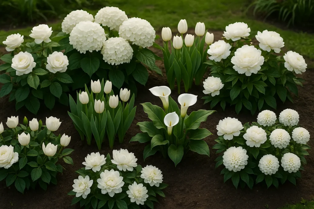 “Collage-style border showing the Best White Flowers to Plant in Gardens, grouped by type in one lush bed.”
