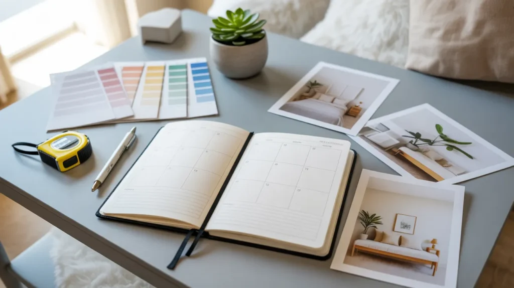 Open planner on bed with color swatches, small plant and printed room photos, calm workspace vibe for planning Botanical Bedroom Ideas