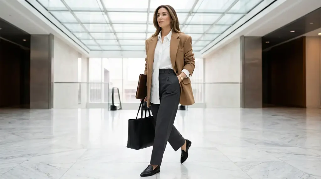 Oversized Shirt Outfit Ideas: Power outfit with oversized white shirt under camel blazer and tailored trousers in corporate lobby